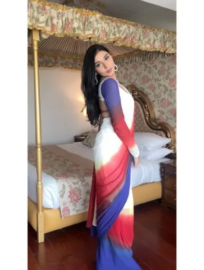 1 Min White Shaded Chiffon Silk with Digital Print Stitched Readymade Sari