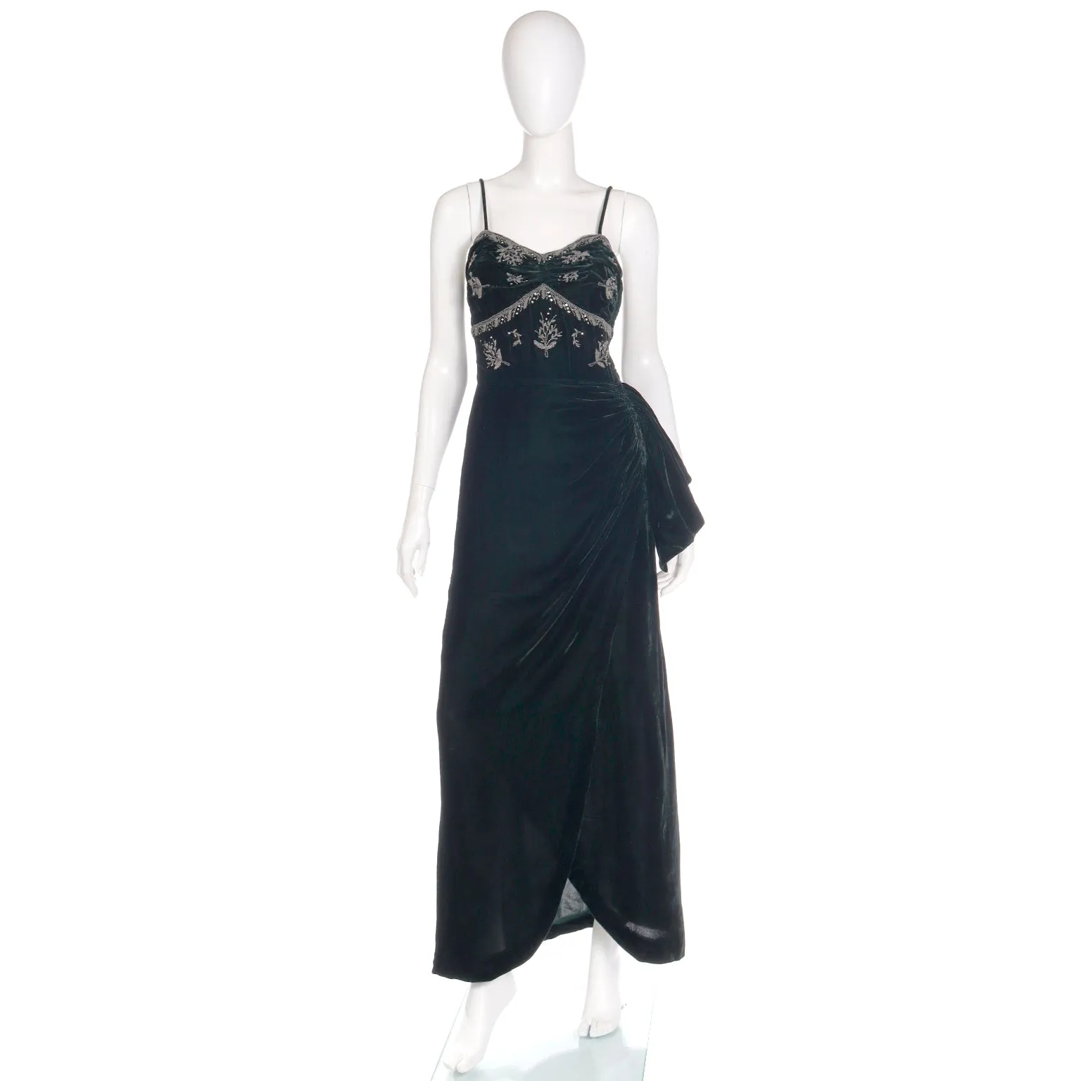 1940s Dark Green Velvet Beaded Evening Dress With Ruching & Side Swag