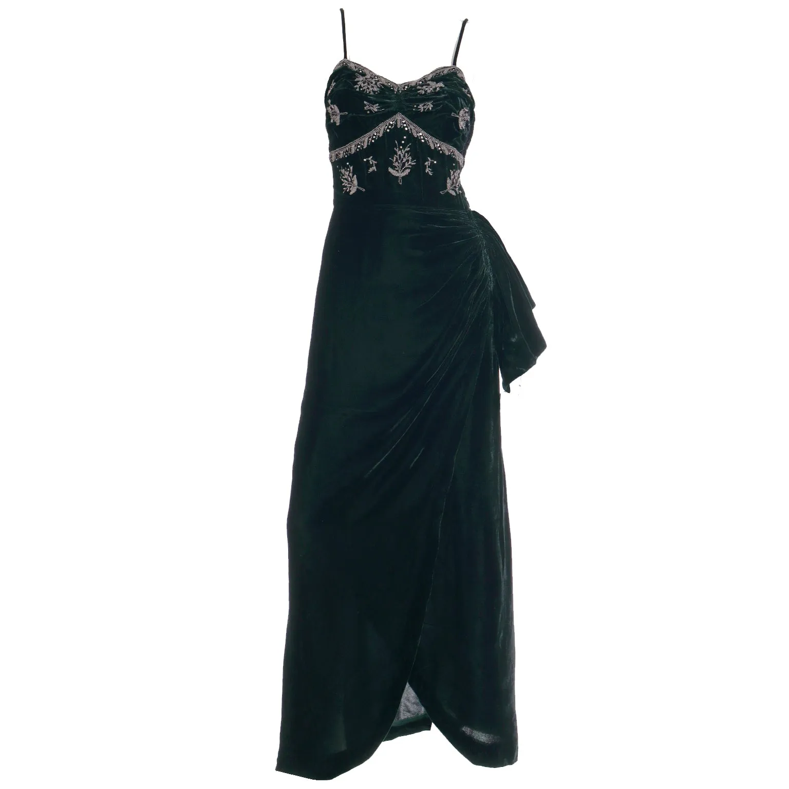 1940s Dark Green Velvet Beaded Evening Dress With Ruching & Side Swag