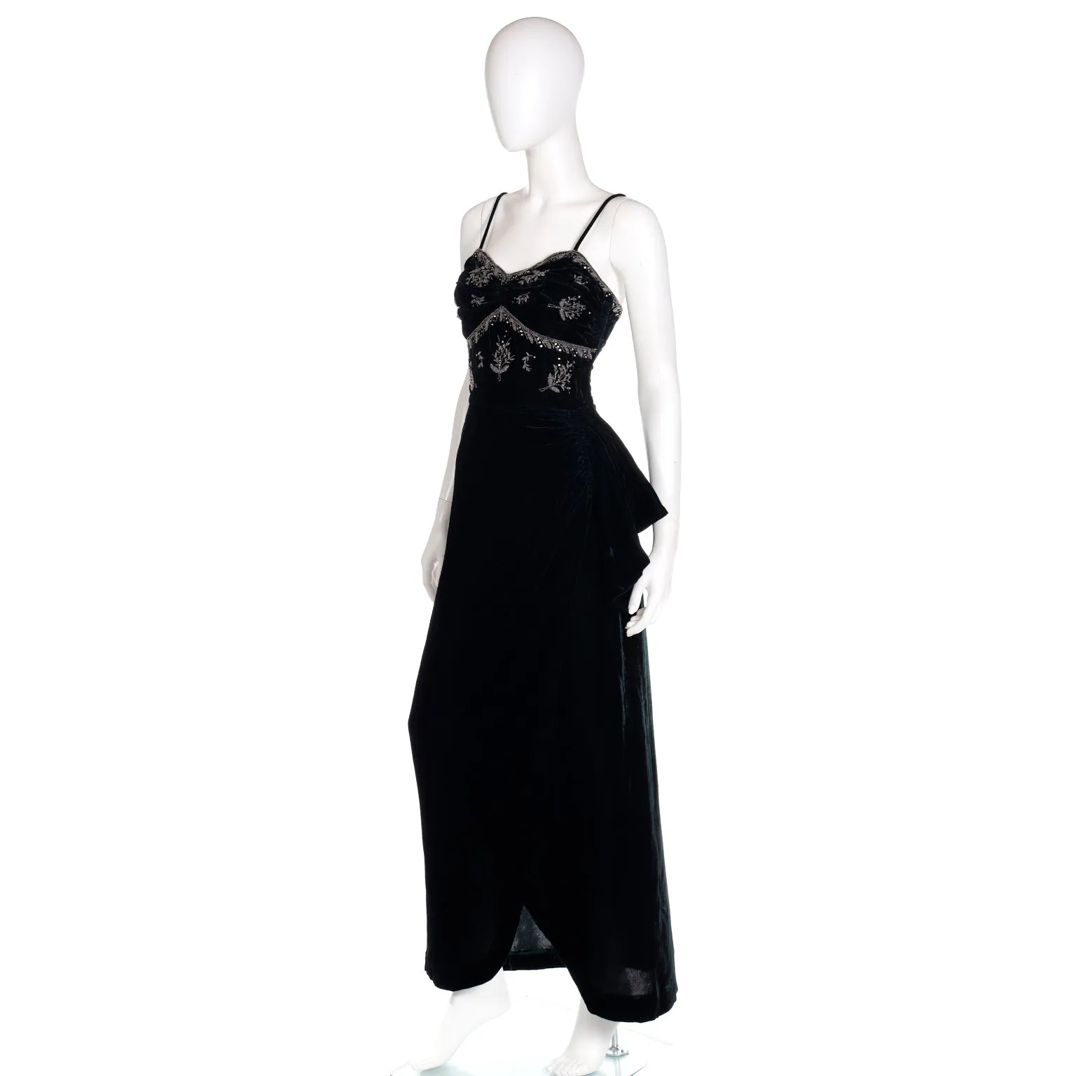 1940s Dark Green Velvet Beaded Evening Dress With Ruching & Side Swag