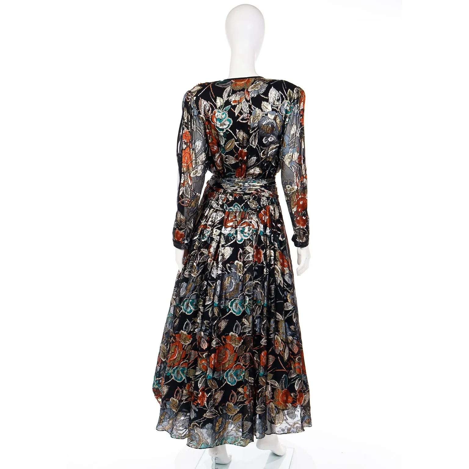 1980s Diane Freis Metallic Floral Evening Dress w/ Beads & Sequins