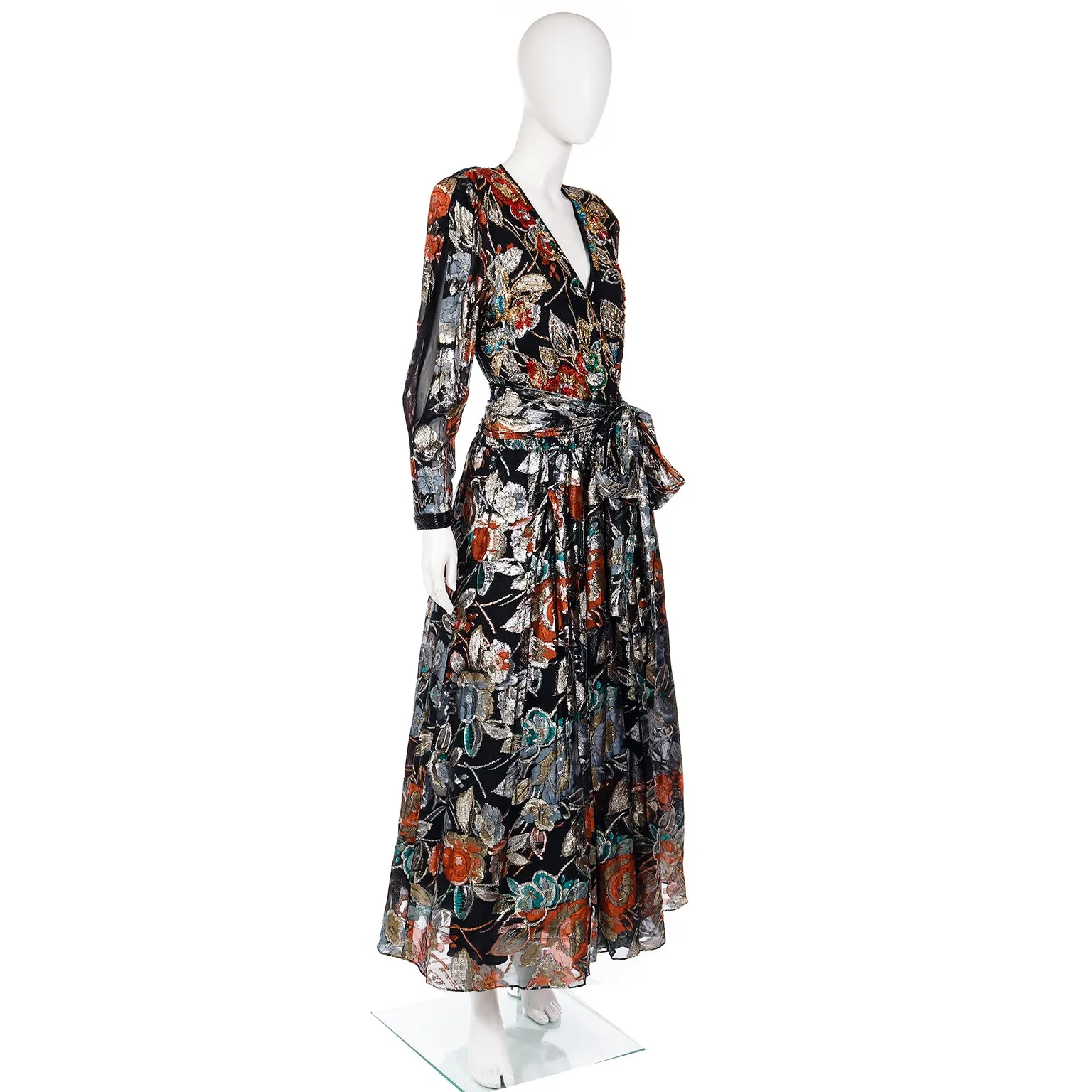 1980s Diane Freis Metallic Floral Evening Dress w/ Beads & Sequins