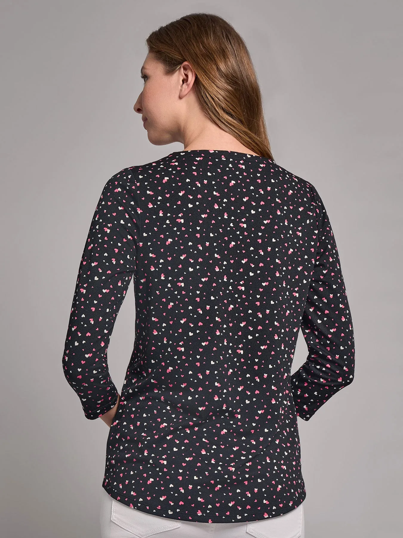 3/4 Sleeve Keyhole Neck Print Top, Moss Crepe