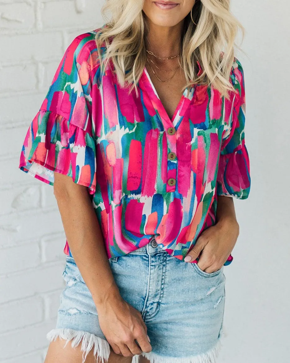 Abstract Brushwork V-Neck Blouse