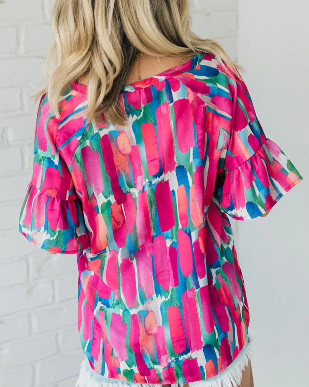 Abstract Brushwork V-Neck Blouse