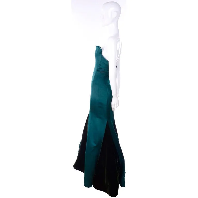 Arnold Scaasi Strapless Green Evening Gown W/ Velvet Panel Trumpet Skirt