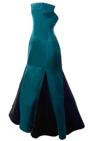 Arnold Scaasi Strapless Green Evening Gown W/ Velvet Panel Trumpet Skirt