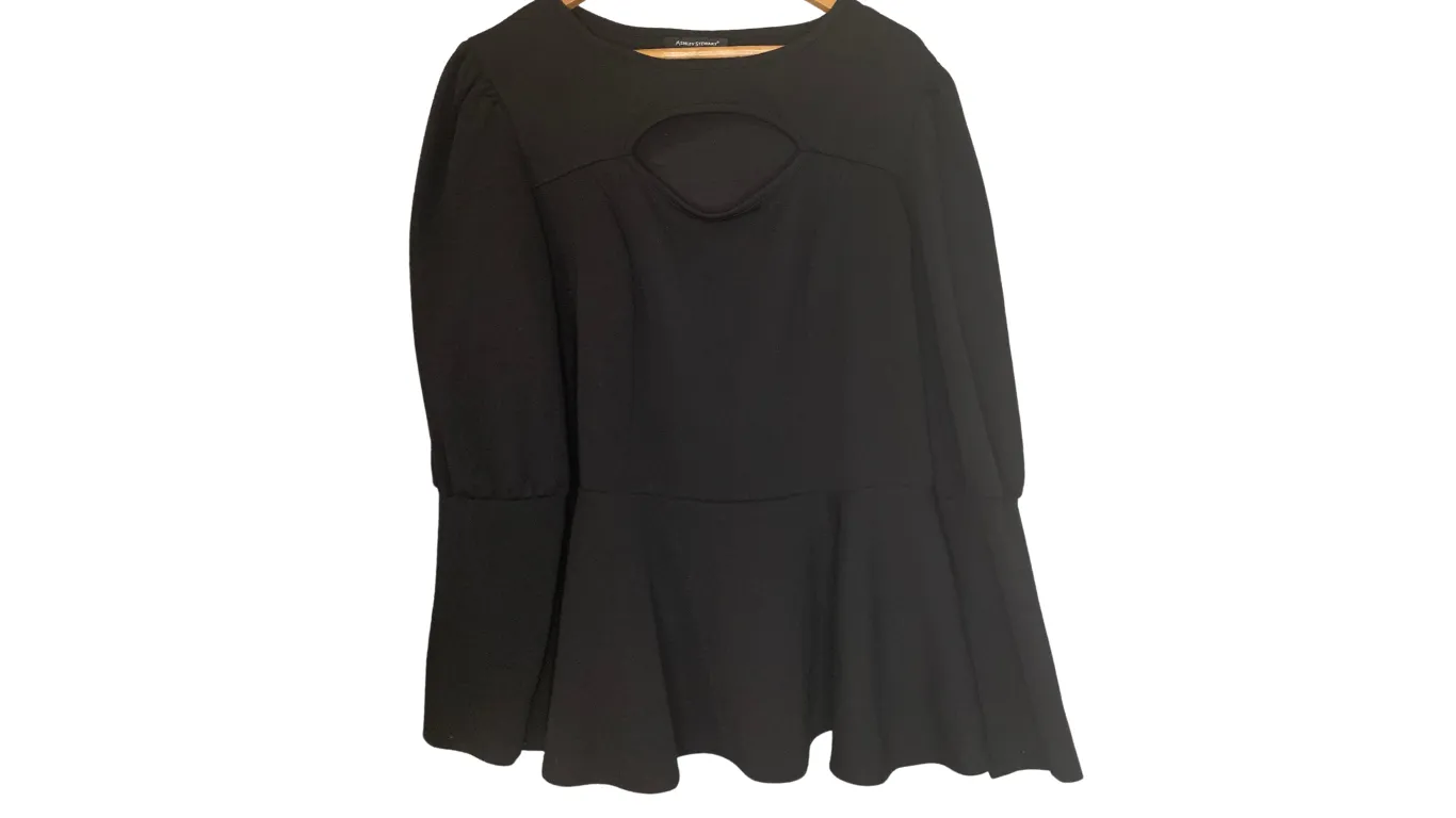 Ashley Stewart Elegant Black Peplum Top with Cutout, XL