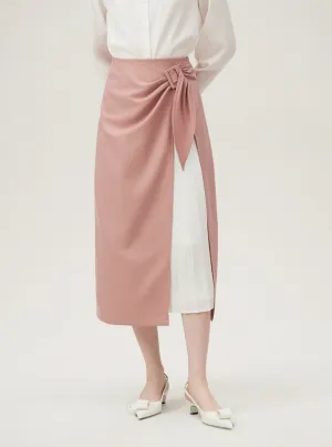 Asymmetrical Wrap Midi Skirt - Side Tie Pleated Insert