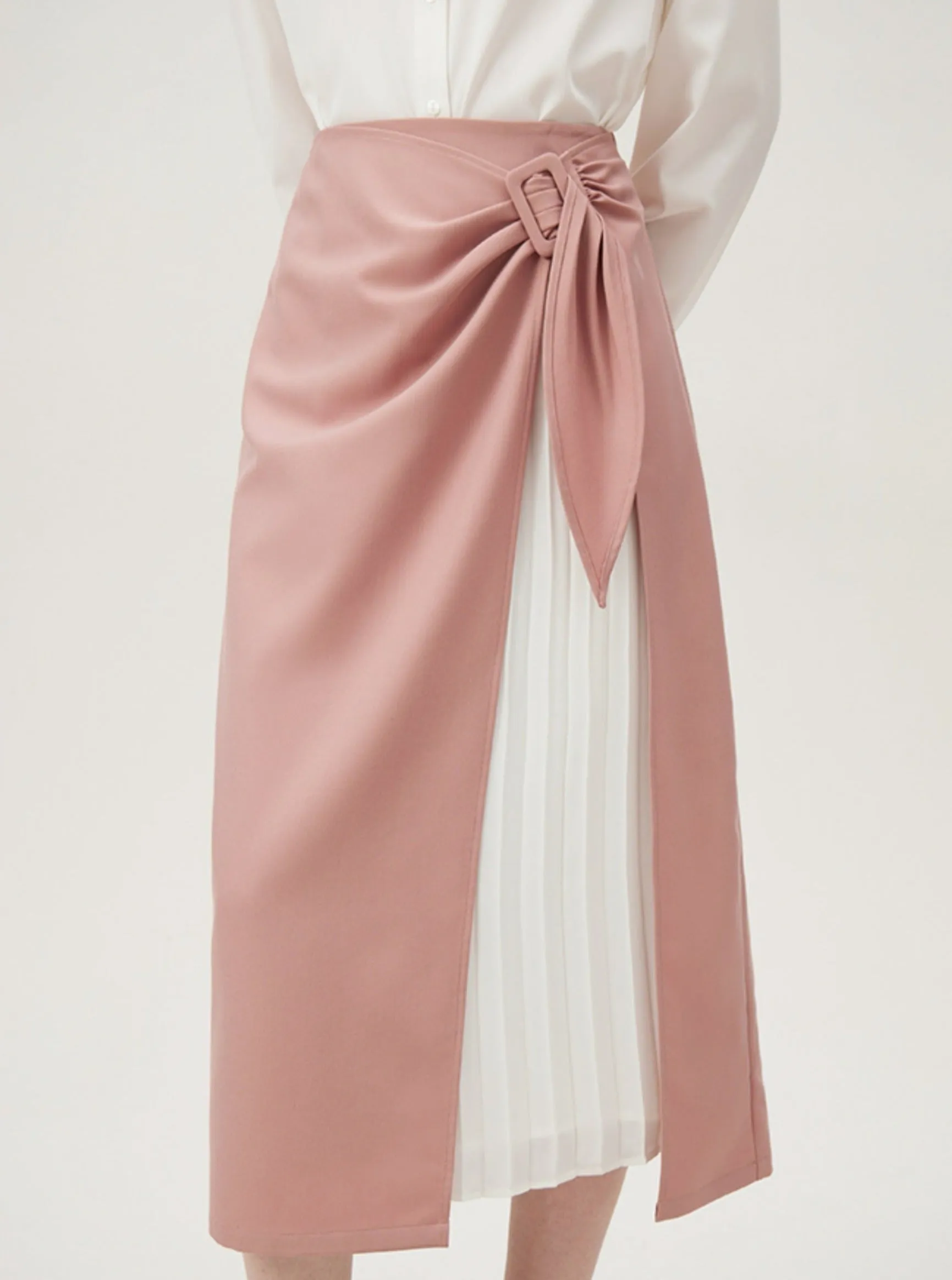 Asymmetrical Wrap Midi Skirt - Side Tie Pleated Insert