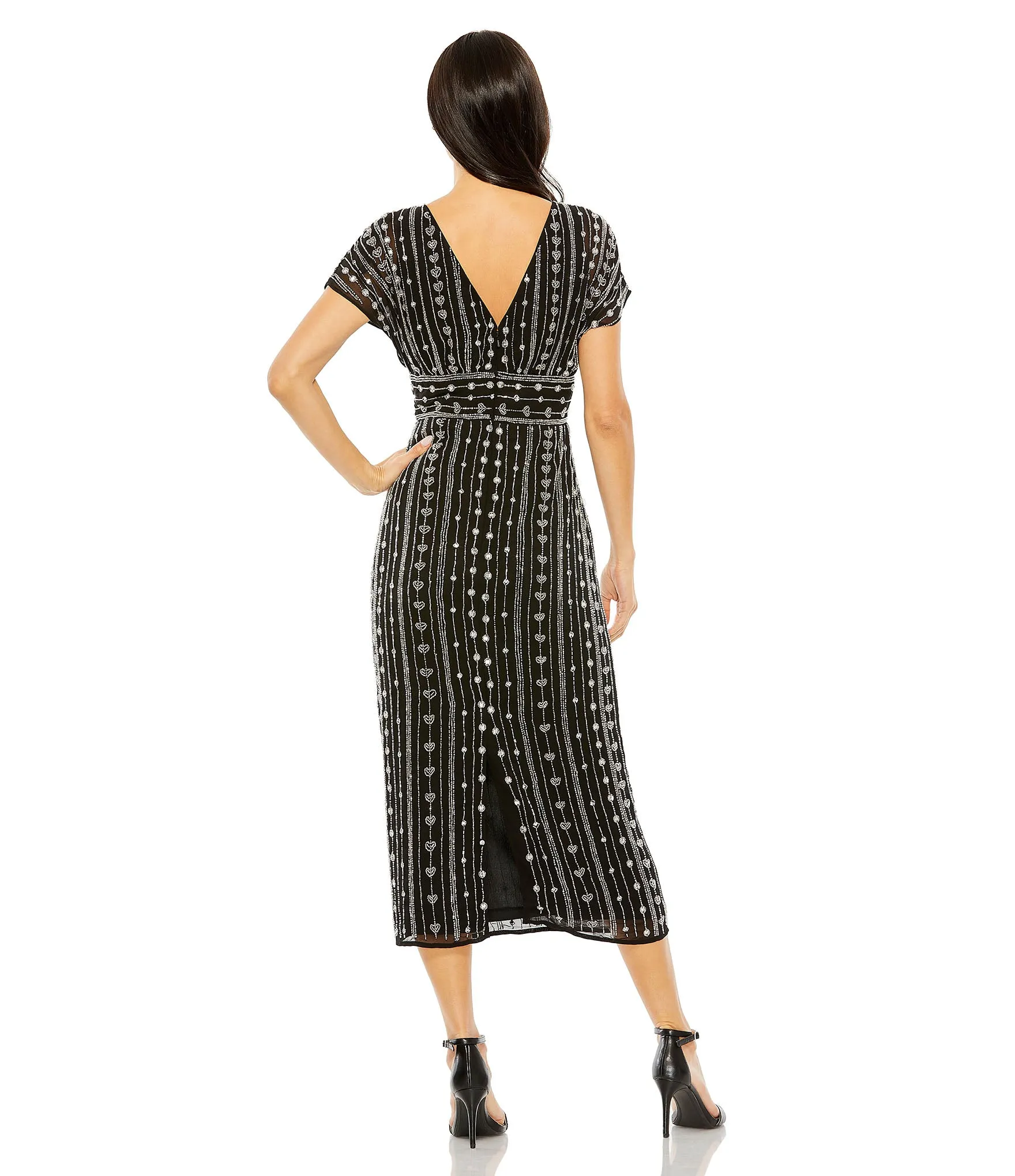 Beaded Cap Sleeve Column Midi Dress