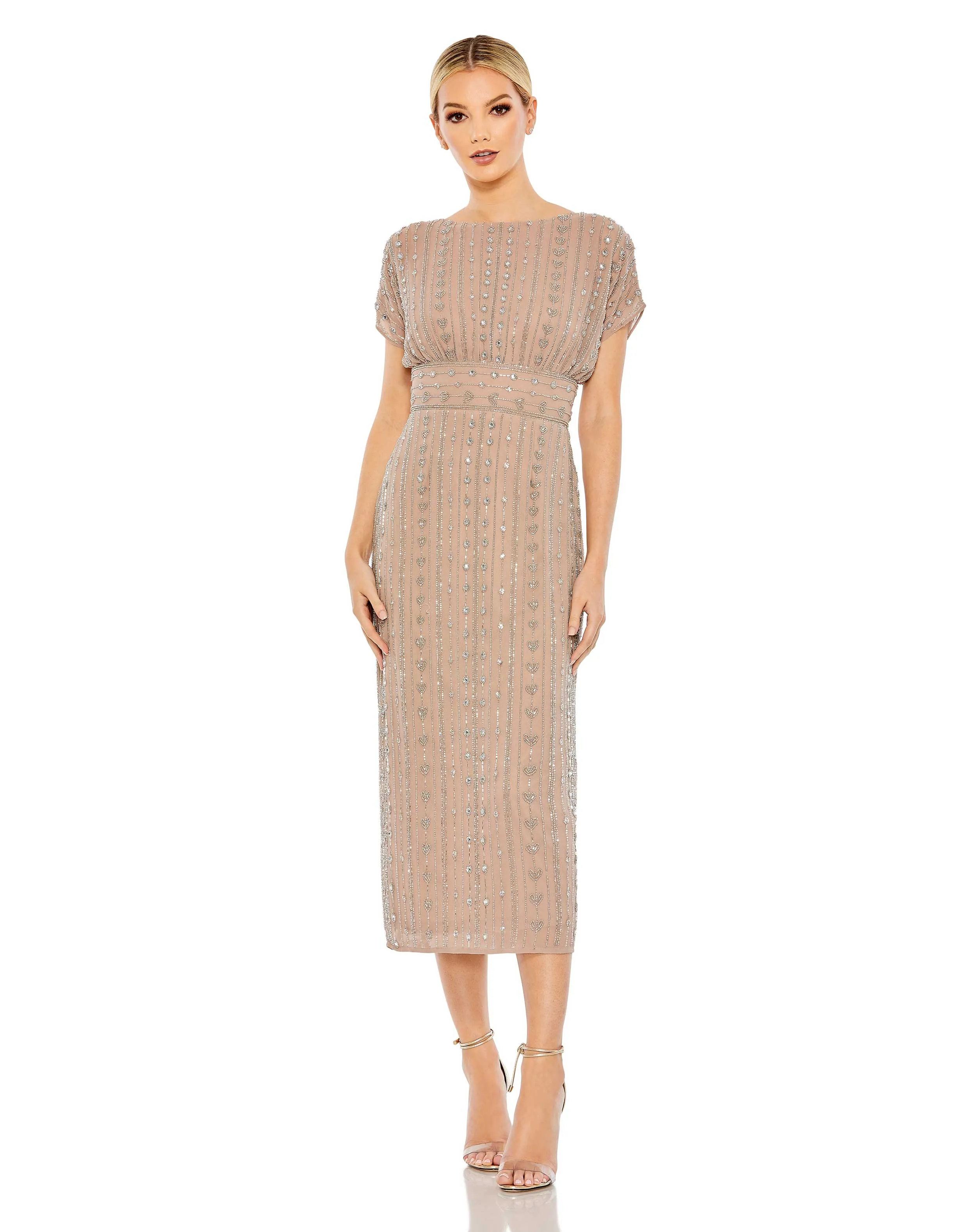 Beaded Cap Sleeve Column Midi Dress