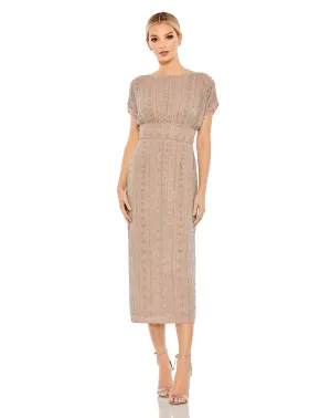 Beaded Cap Sleeve Column Midi Dress