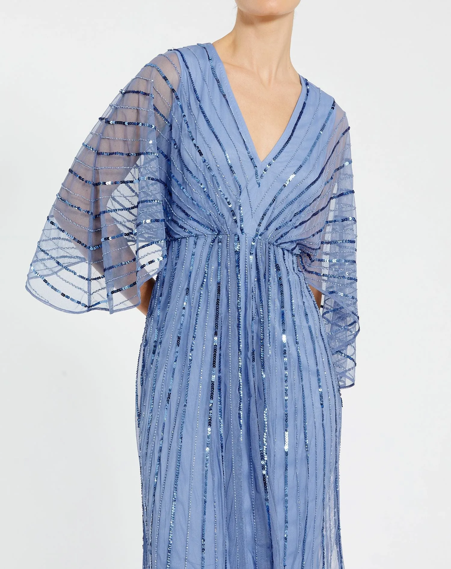 Beaded Striping Kimono Sleeve V Neck Dress