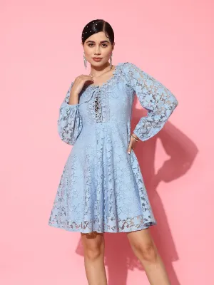 Berrylush Women Blue Floral Pattern V-Neck Bishop Sleeves Lace-up Ruffled A-Line Mini Dress