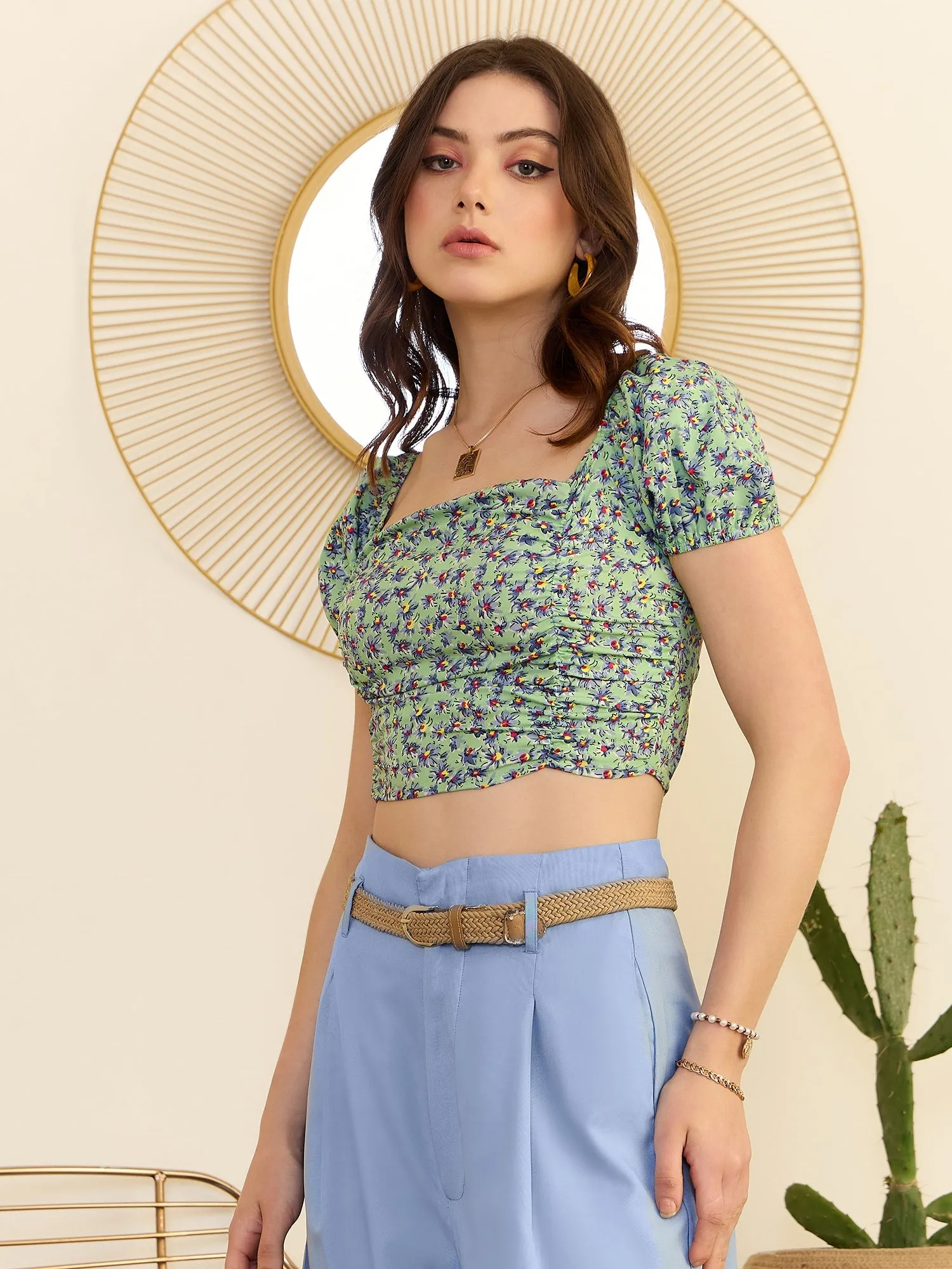 Berrylush Women Green Floral Printed Square Neck Puff Sleeves Caged Tie-Up Back Cropped Top