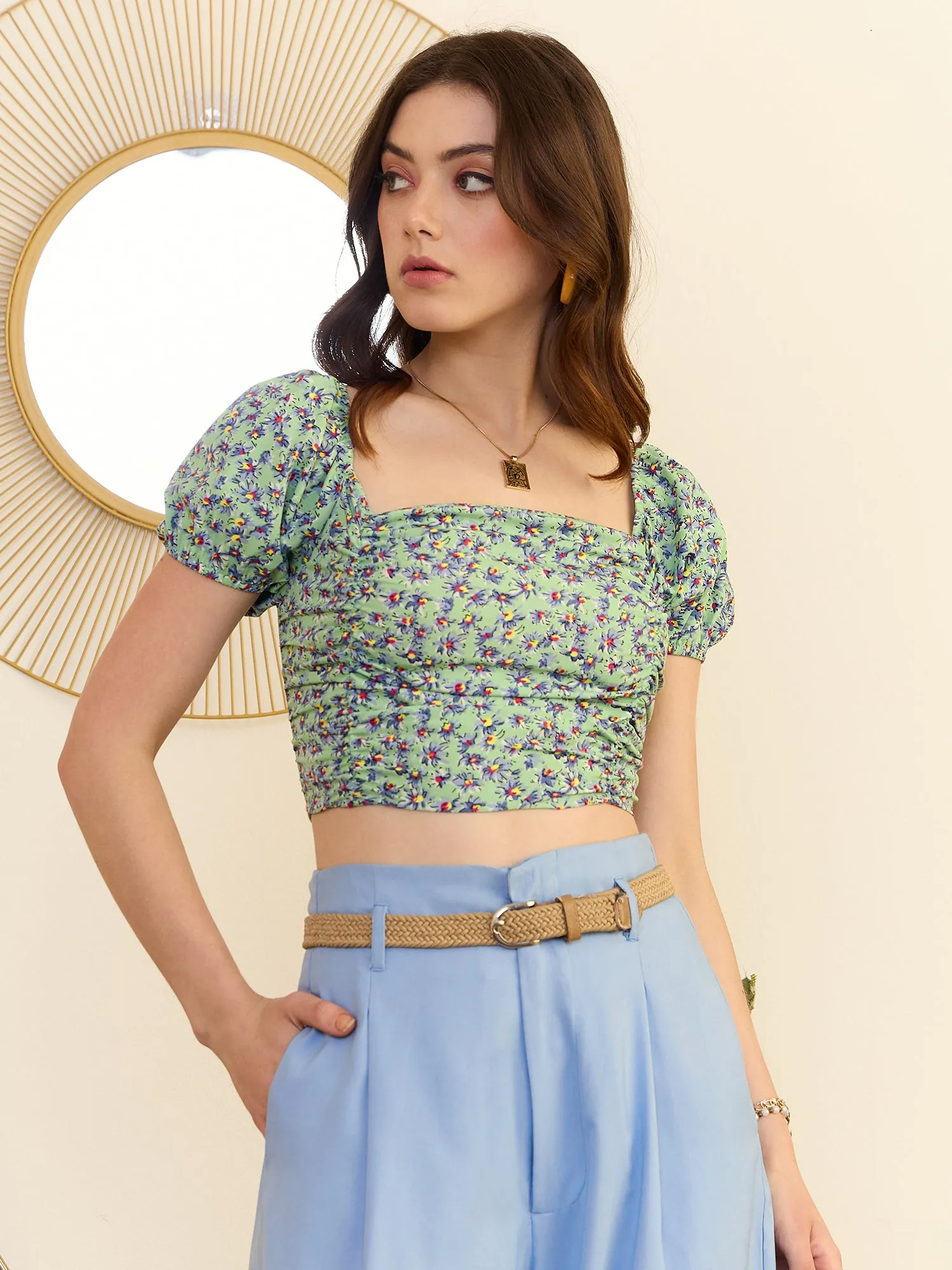 Berrylush Women Green Floral Printed Square Neck Puff Sleeves Caged Tie-Up Back Cropped Top