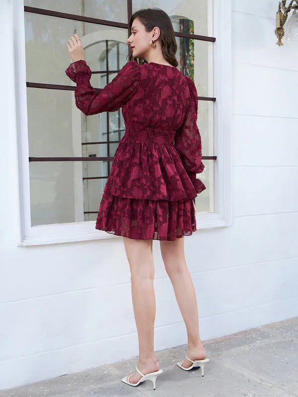 Berrylush Women Maroon Self-Design Pattern V-Neck Net Puff Sleeve Smocked Fit & Flare Mini Dress