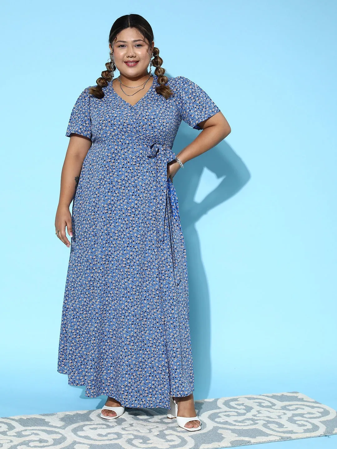 Berrylush Women Plus Size Blue & White Ditsy Floral Printed V-Neck Tie-Up Waist Flared Wrap Maxi Dress