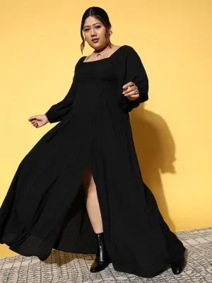 Berrylush Women Plus Size Solid Black Square Neck Crepe Thigh-High Slit Flared A-Line Maxi Dress