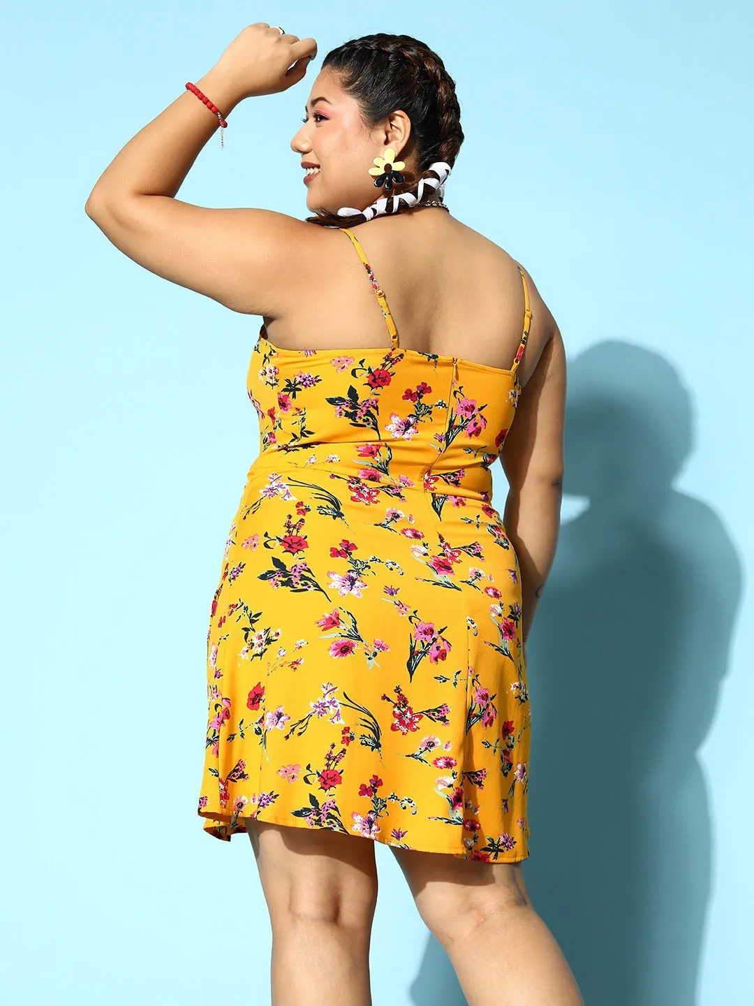 Berrylush Women Plus Size Yellow & Pink Floral Printed Square Neck Sleeveless Flared A-Line Mini Dress