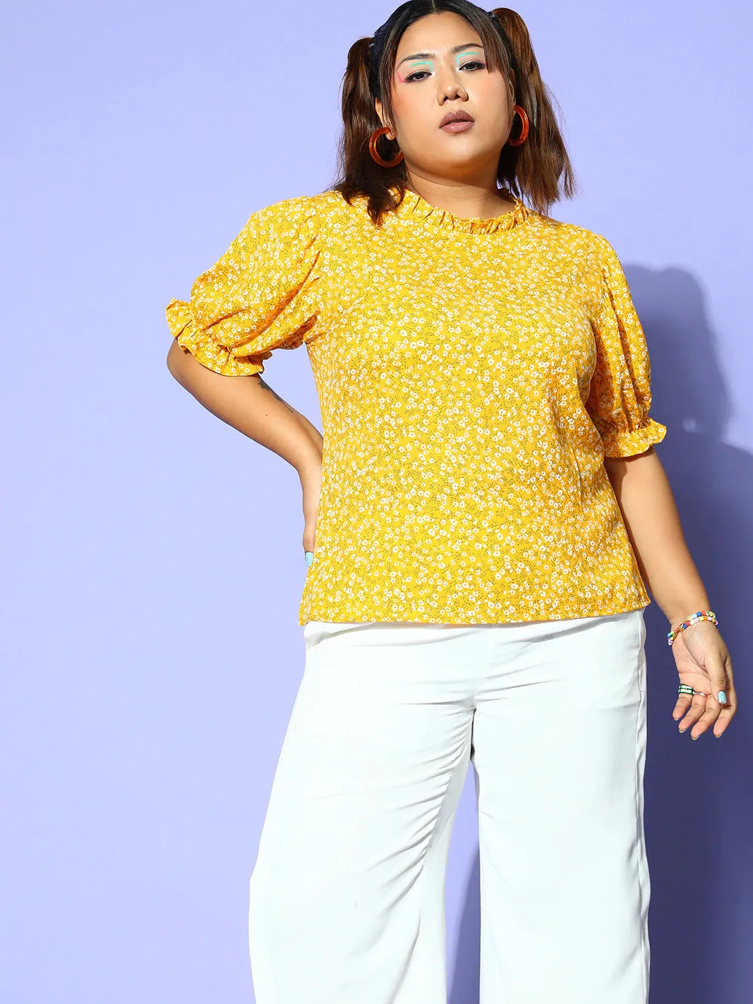 Berrylush Women Plus Size Yellow & White Floral Printed Mandarin Collar Neck Button-Up Crepe Pleated Regular Top