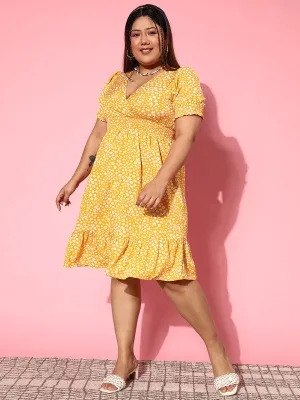 Berrylush Women Plus Size Yellow & White Floral Printed V-Neck Crepe Smocked Fit & Flare Midi Dress