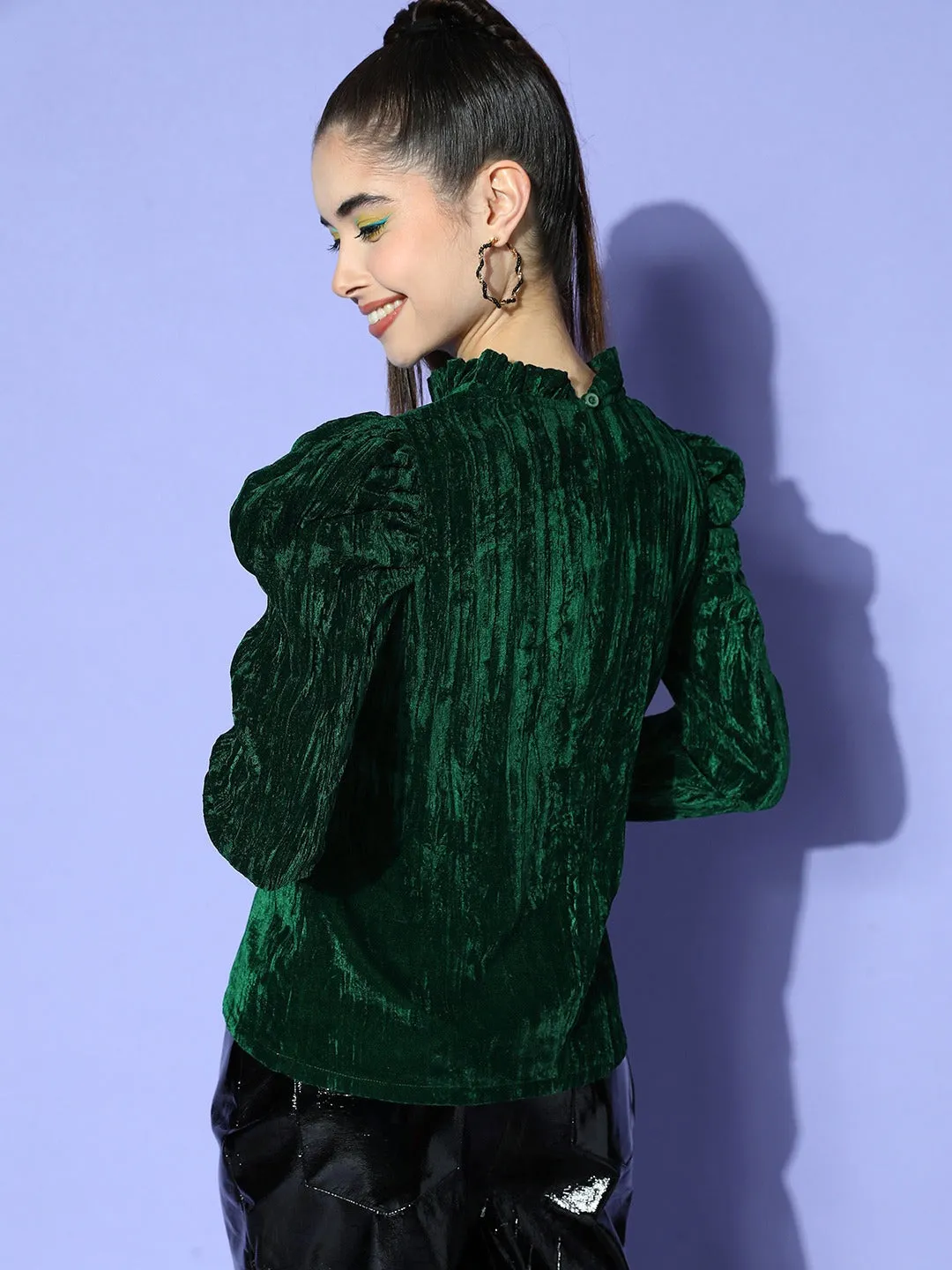 Berrylush Women Solid Green High Neck Puff Sleeves Velvet Knitted Regular Top