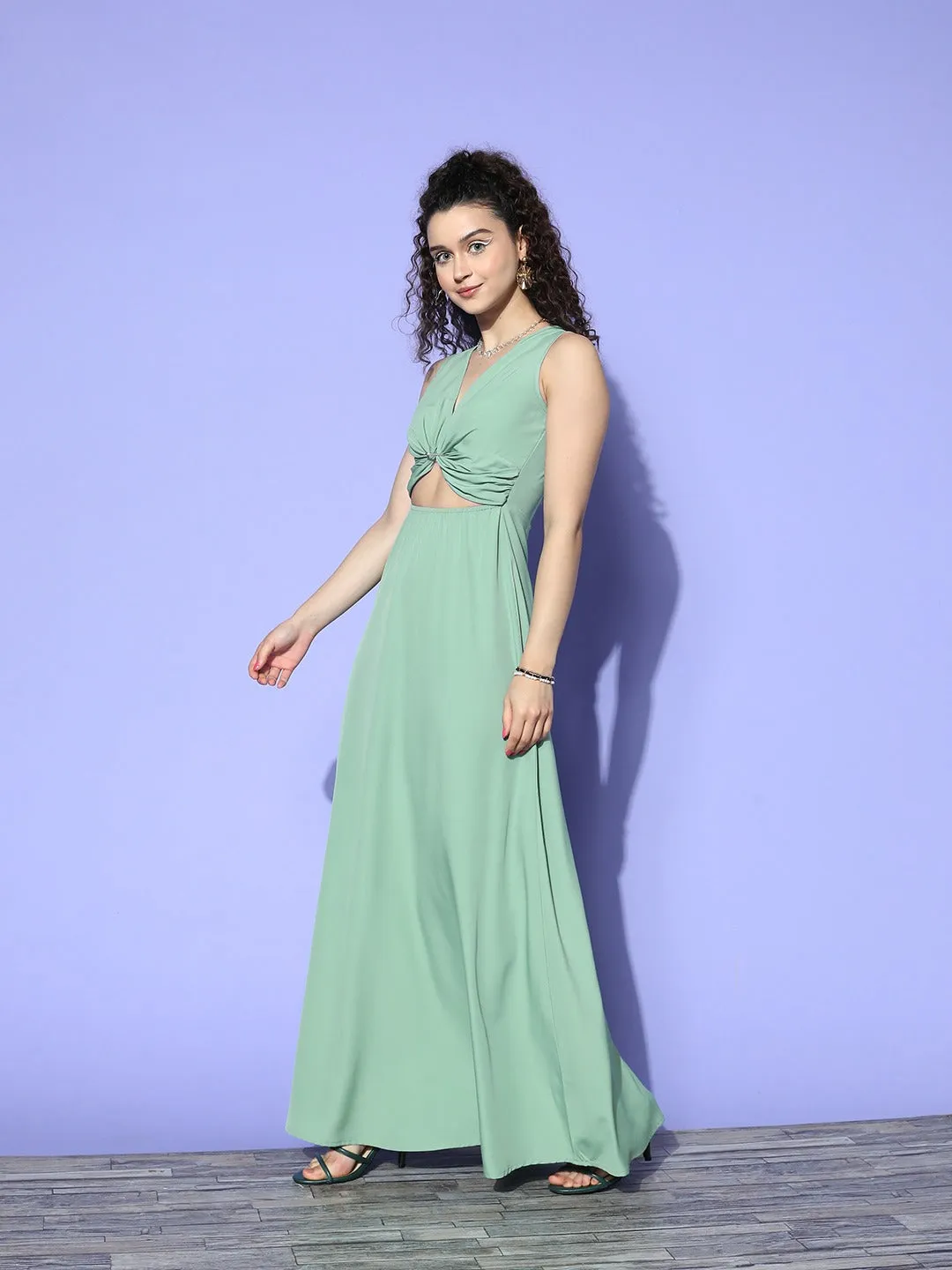 Berrylush Women Solid Green V-Neck Sleeveless Front Cutout Crepe Flared A-Line Maxi Dress