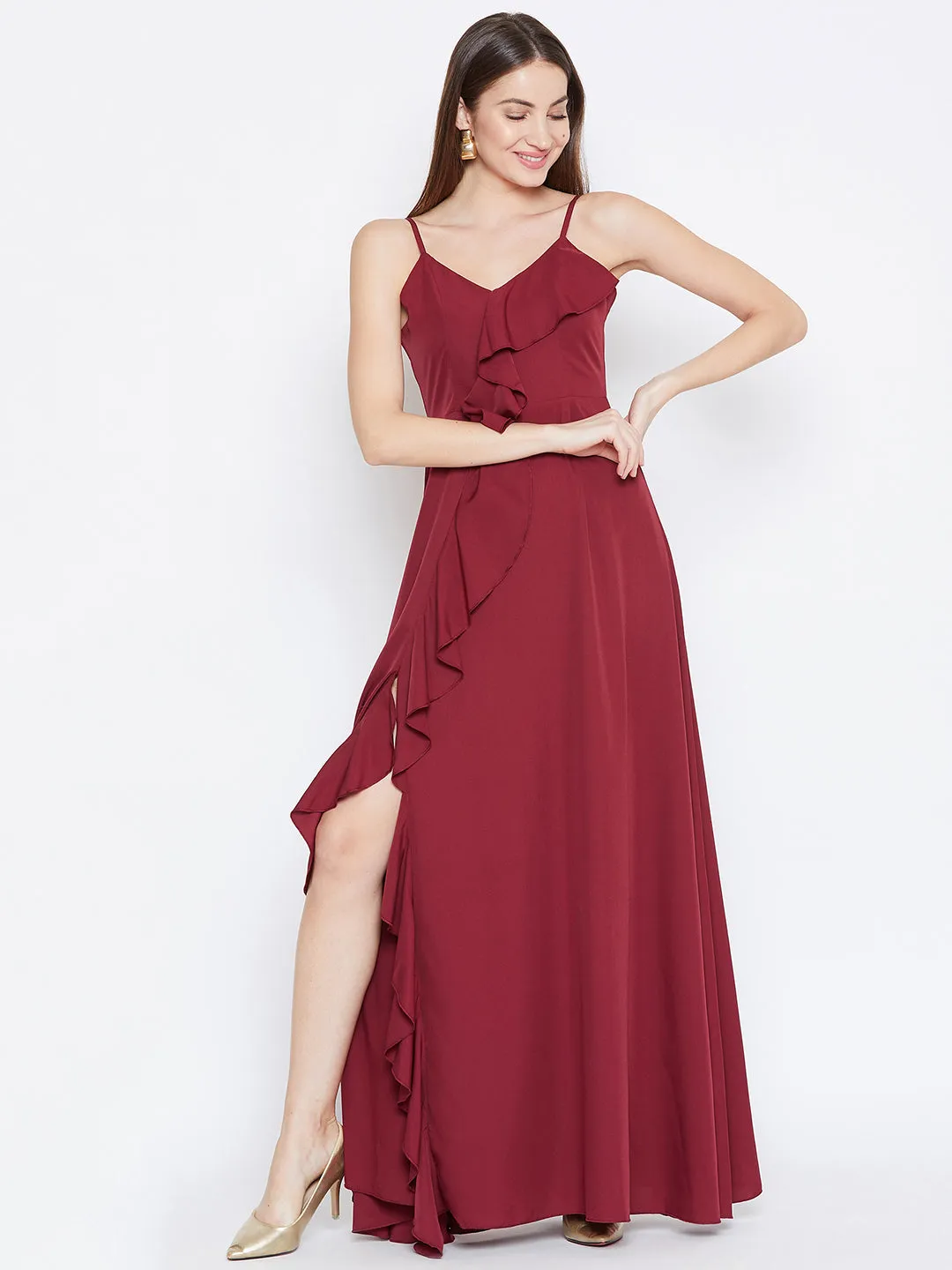 Berrylush Women Solid Maroon V-Neck Sleeveless Crepe Ruffled Maxi Dress