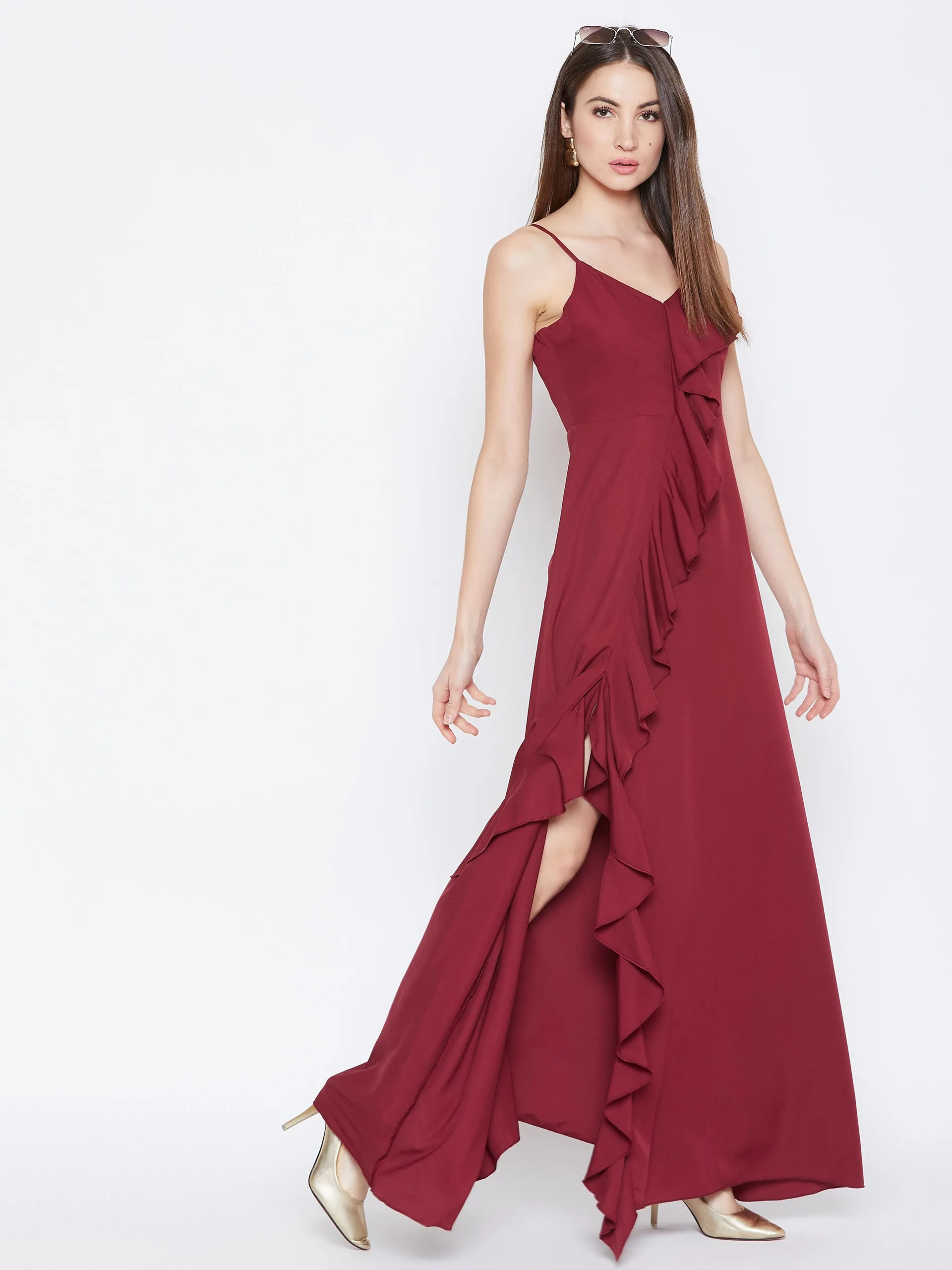 Berrylush Women Solid Maroon V-Neck Sleeveless Crepe Ruffled Maxi Dress