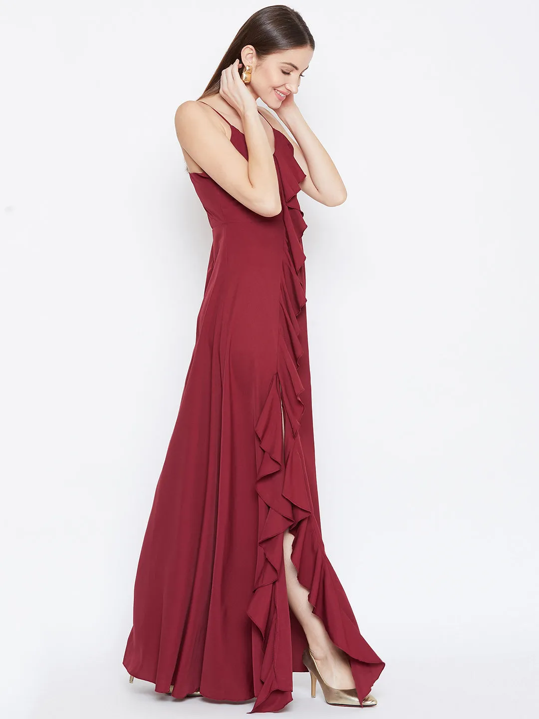 Berrylush Women Solid Maroon V-Neck Sleeveless Crepe Ruffled Maxi Dress