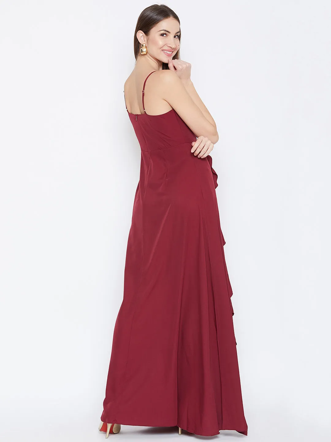 Berrylush Women Solid Maroon V-Neck Sleeveless Crepe Ruffled Maxi Dress