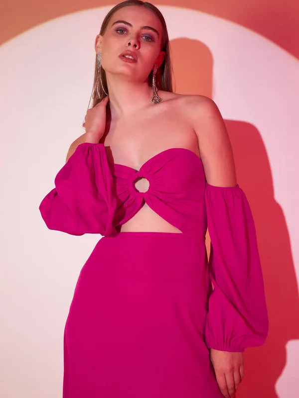 Berrylush Women Solid Pink Off-Shoulder Neck Puff Sleeves Cut-Out Asymmetrical Hem A-Line Midi Dress