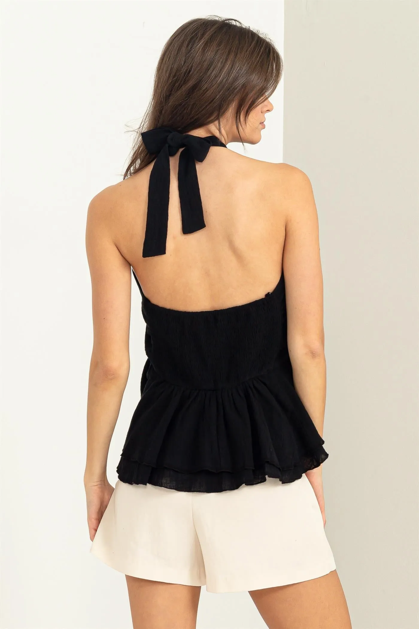 Black Halter Tie Back RuffleTop