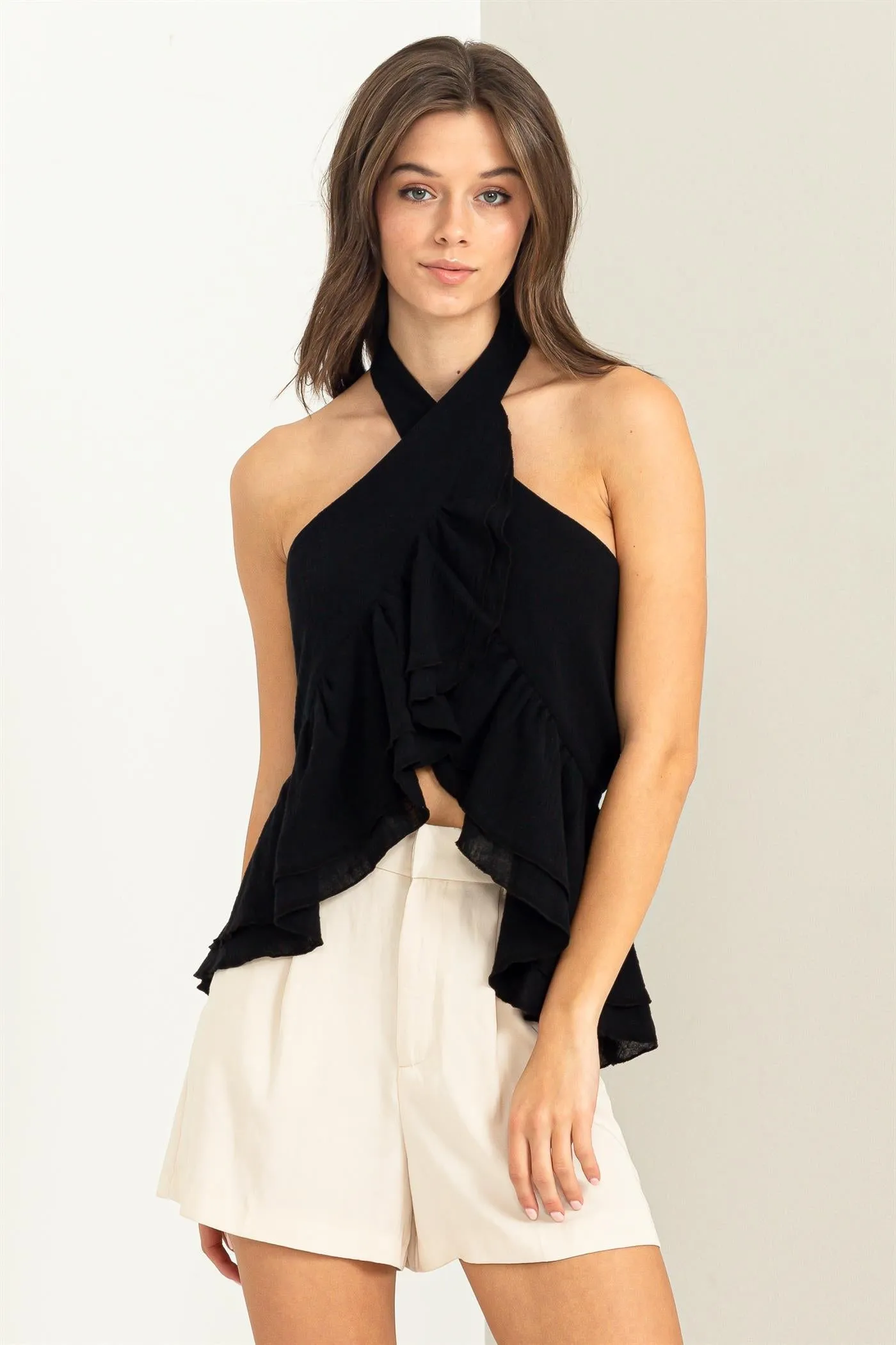 Black Halter Tie Back RuffleTop