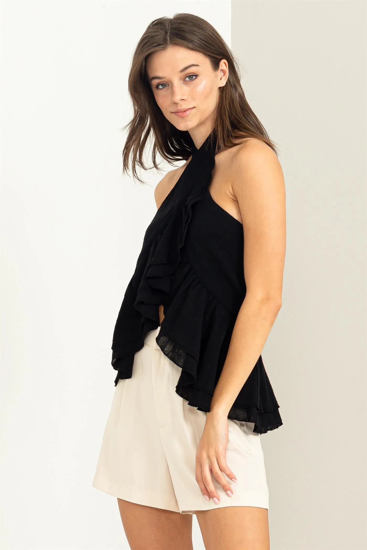 Black Halter Tie Back RuffleTop