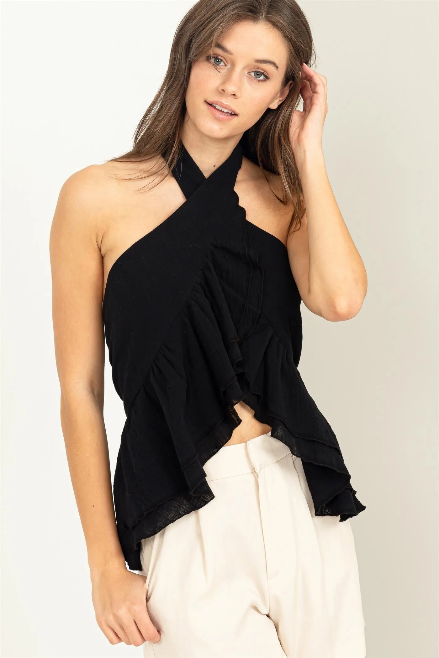 Black Halter Tie Back RuffleTop