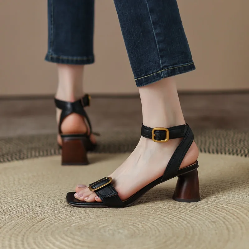 Block Heel Leather sandal Buckle Sandals in Black/Beige/Brown