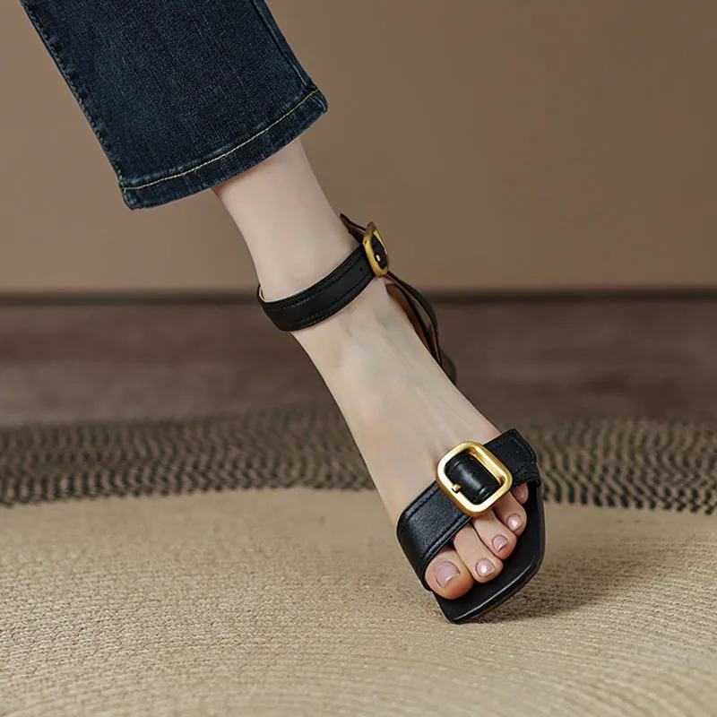 Block Heel Leather sandal Buckle Sandals in Black/Beige/Brown