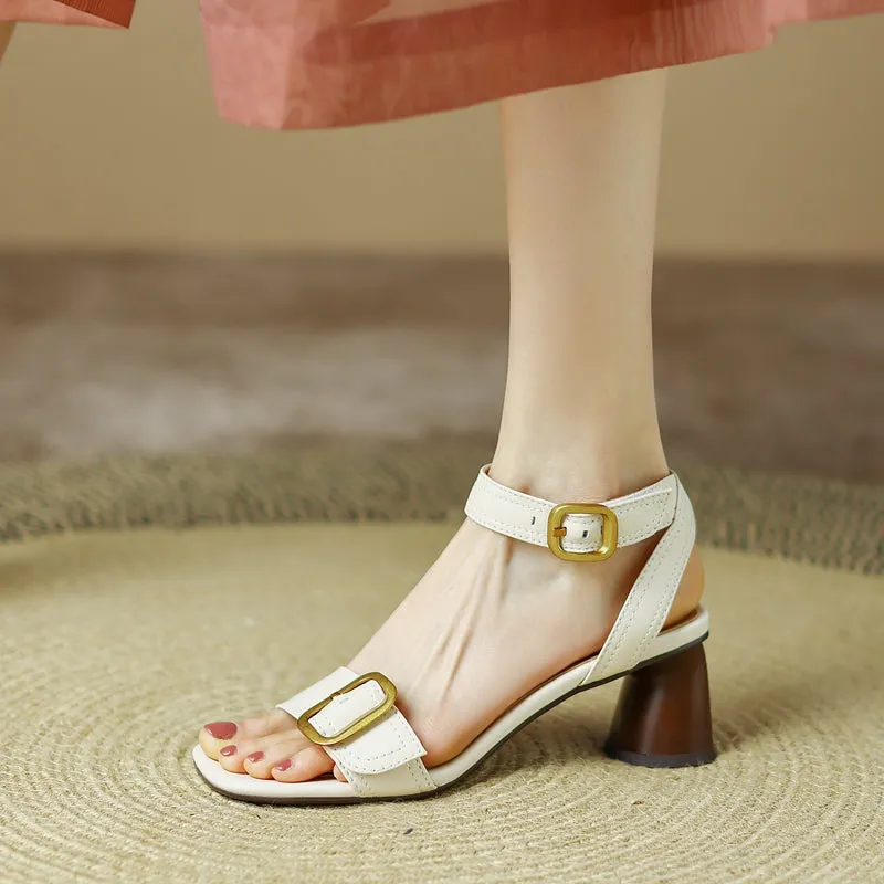 Block Heel Leather sandal Buckle Sandals in Black/Beige/Brown