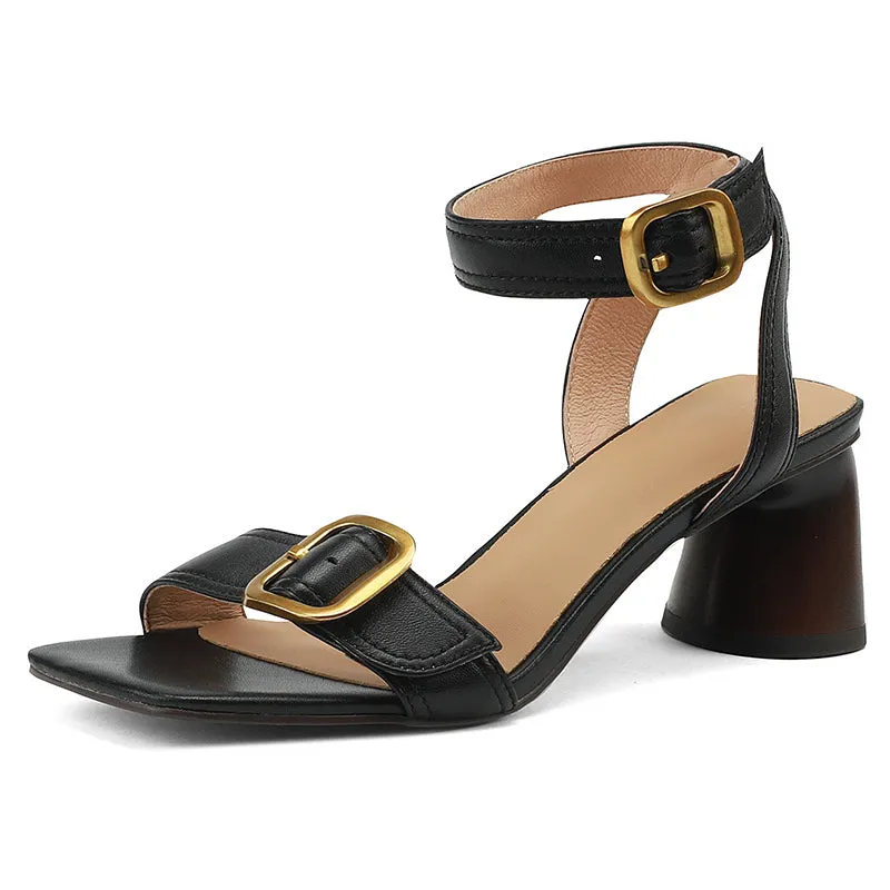 Block Heel Leather sandal Buckle Sandals in Black/Beige/Brown