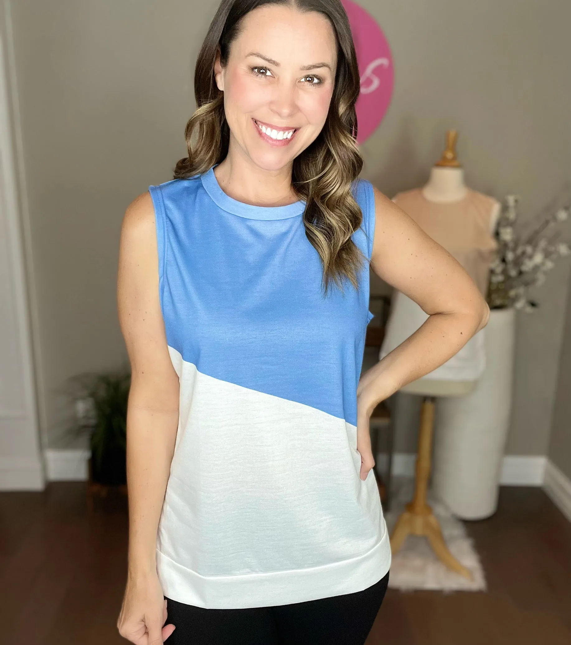 Blue Crew Neck Color Block Sleeveless Top