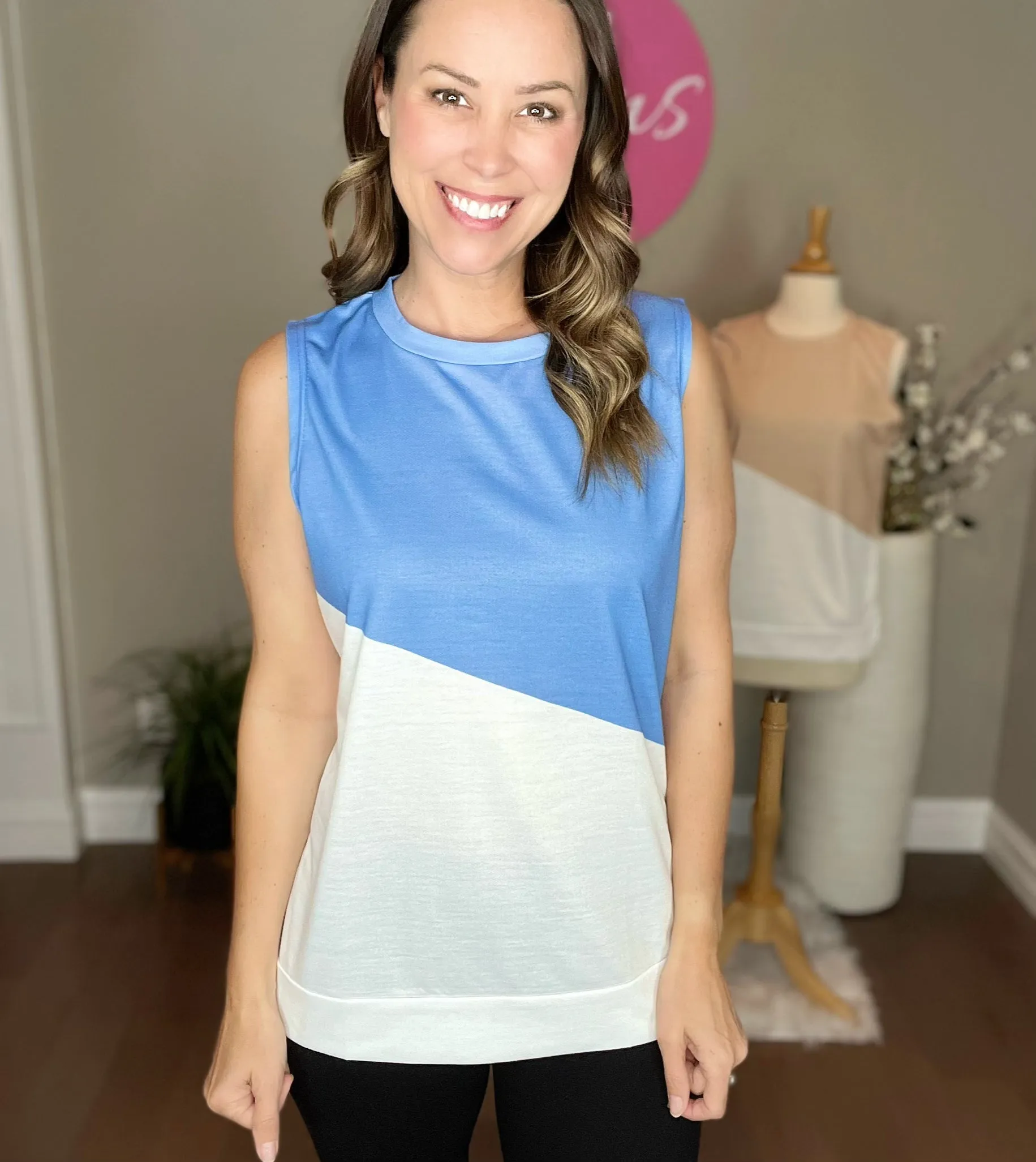 Blue Crew Neck Color Block Sleeveless Top