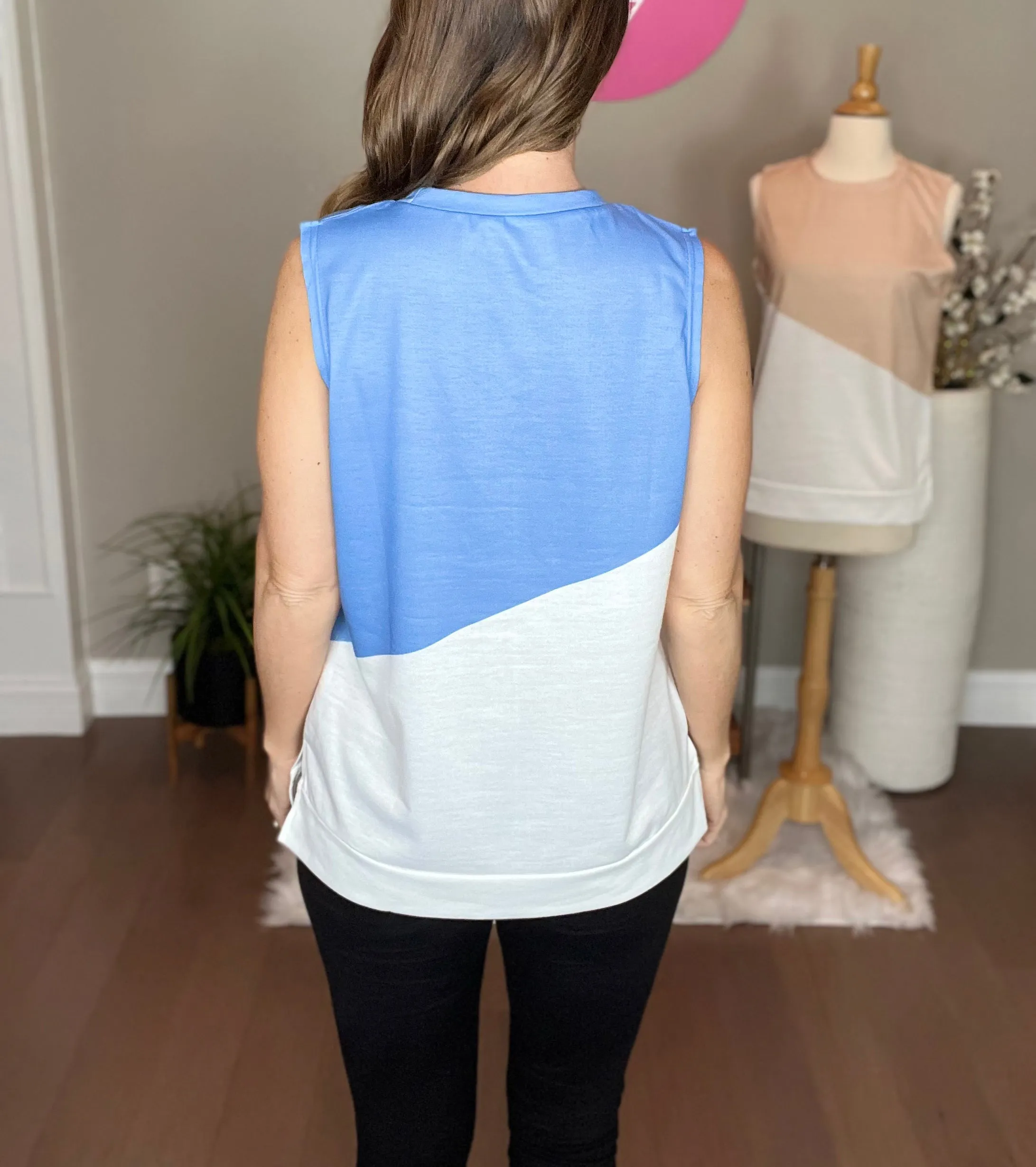 Blue Crew Neck Color Block Sleeveless Top