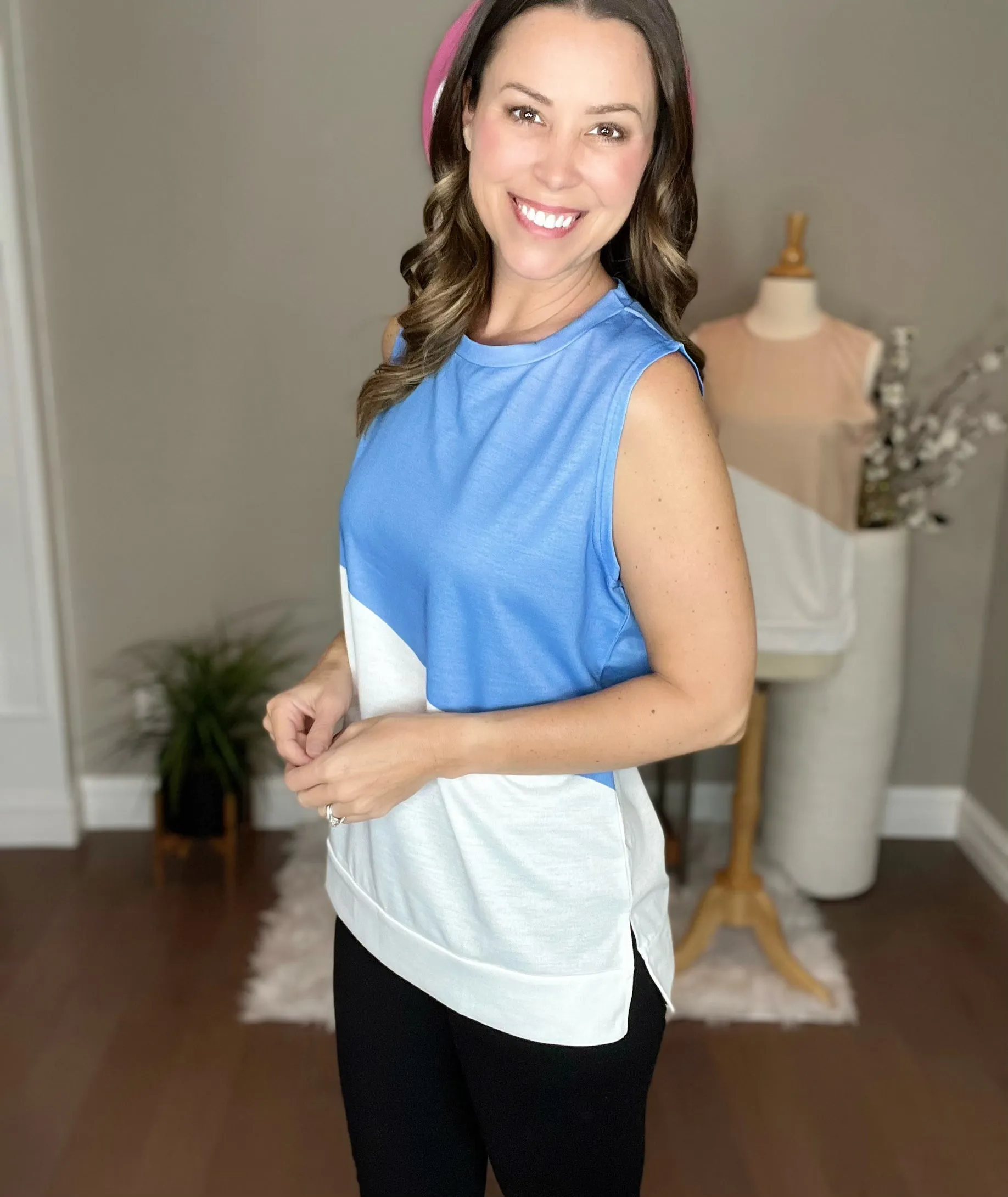 Blue Crew Neck Color Block Sleeveless Top