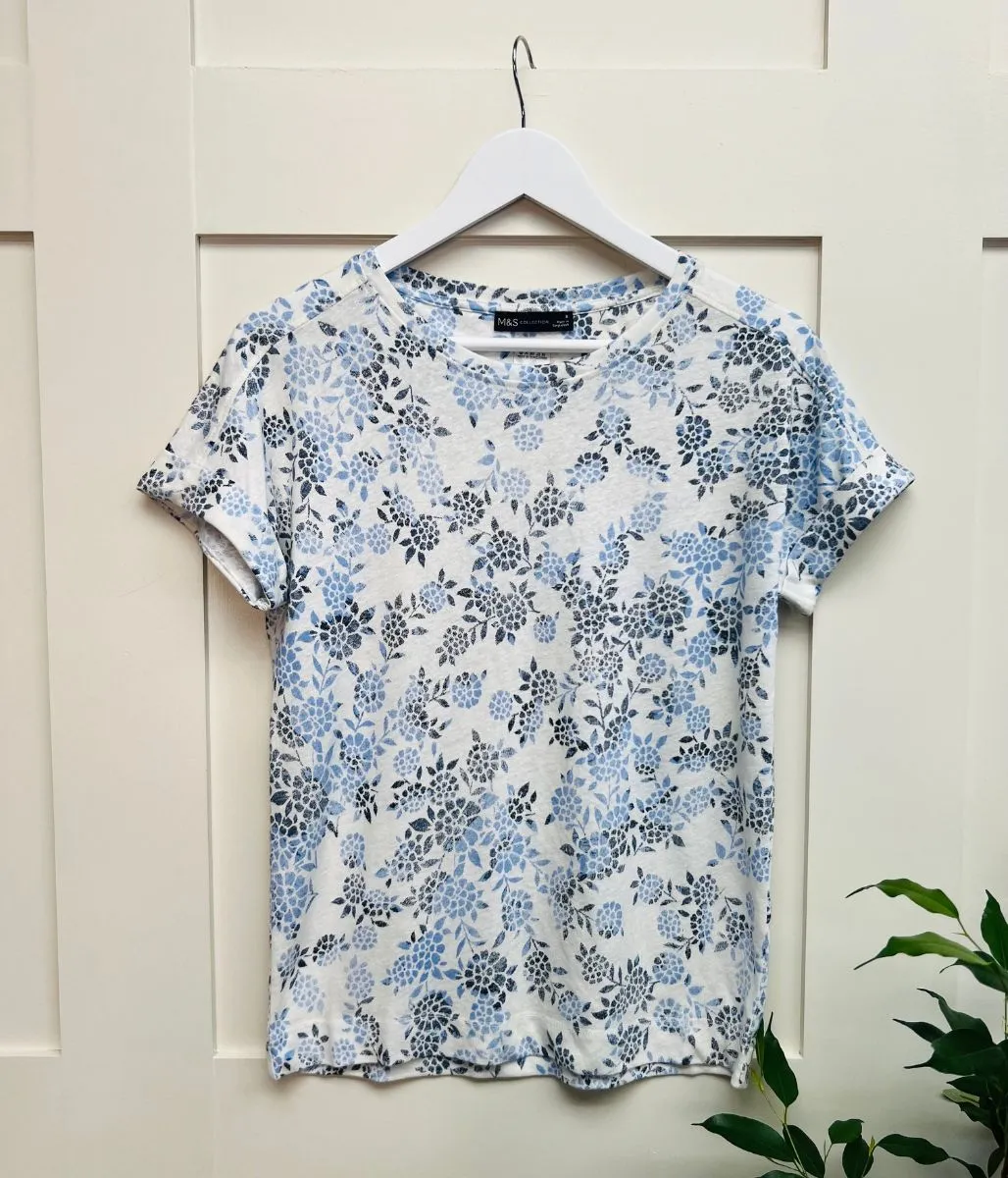 Blue Flower Print Linen Rich Top