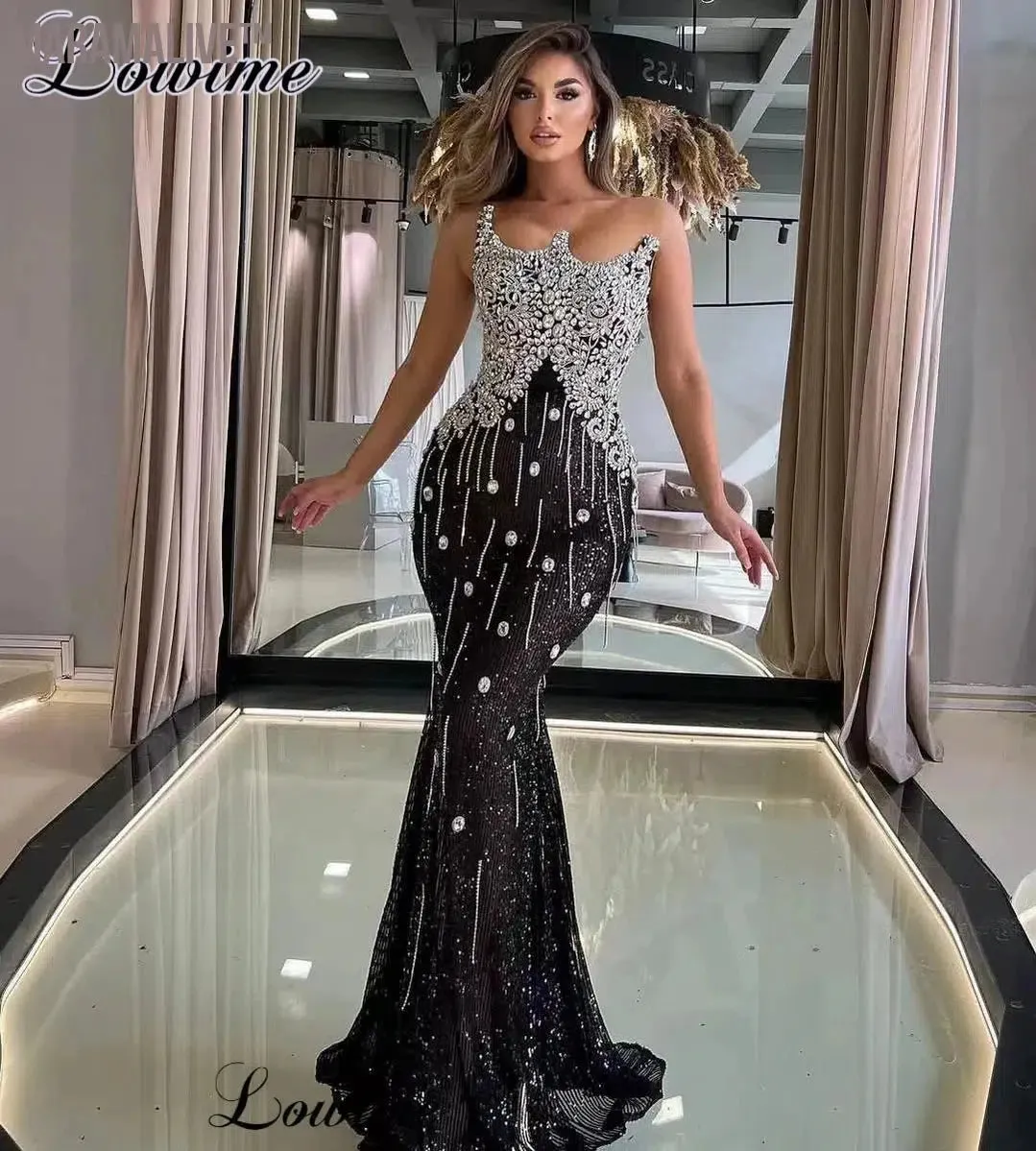 Blue Sequined Prom Dresses With Crystals Sleeveless Mermaid Cocktail Dresses Vestidos De Cóctel Wedding Party Dresses For Women