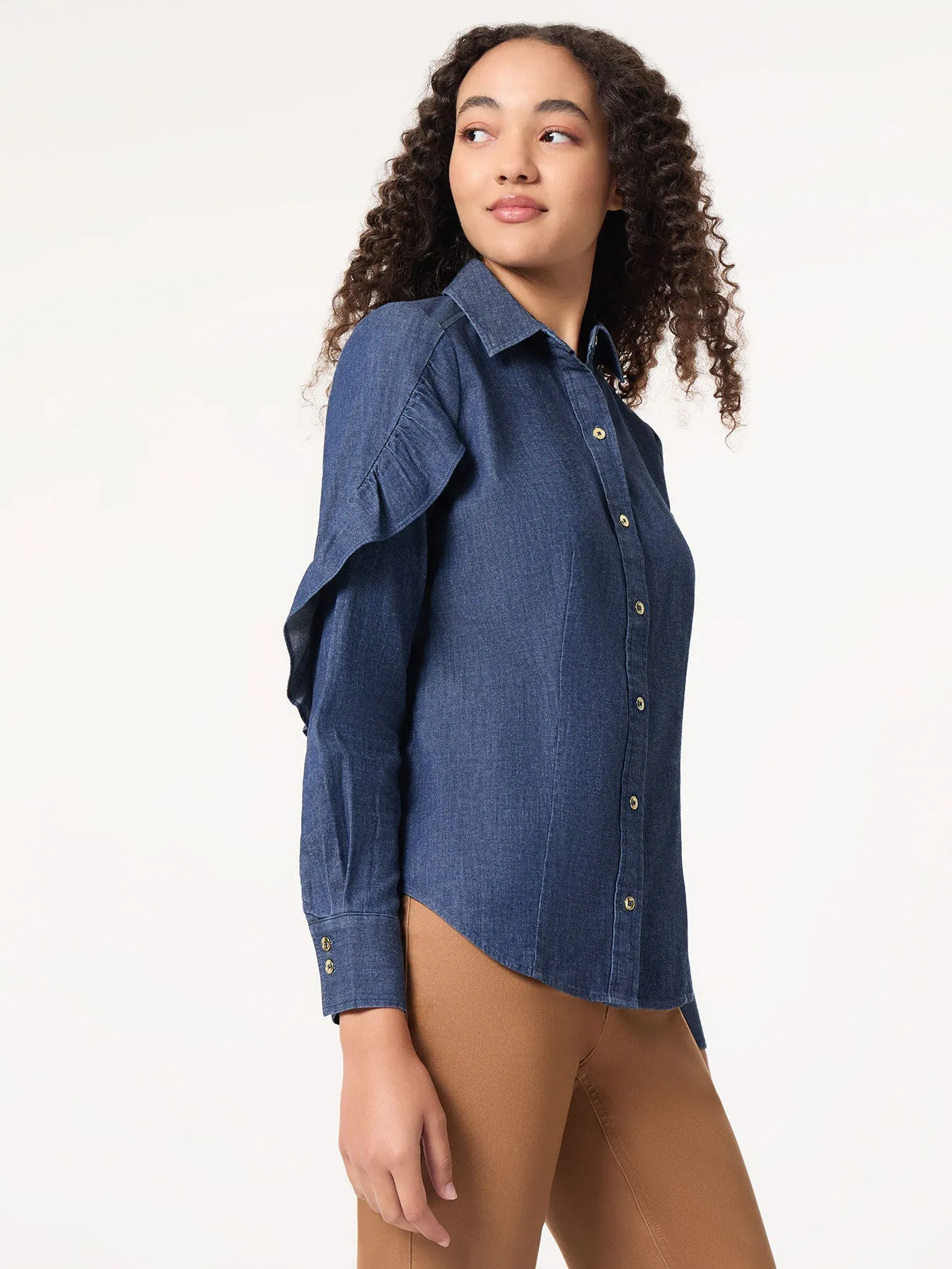 Button-Front Ruffle Sleeve Denim Shirt