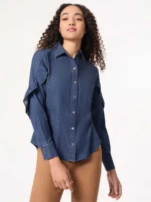 Button-Front Ruffle Sleeve Denim Shirt